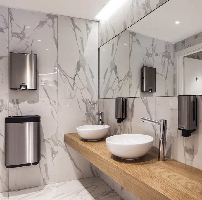 04_immagine_progetto_la_chiocciola_degli_angeli interno bagno moderno con doppi lavabi a bacinella su piano in legno e rivestimento in marmo