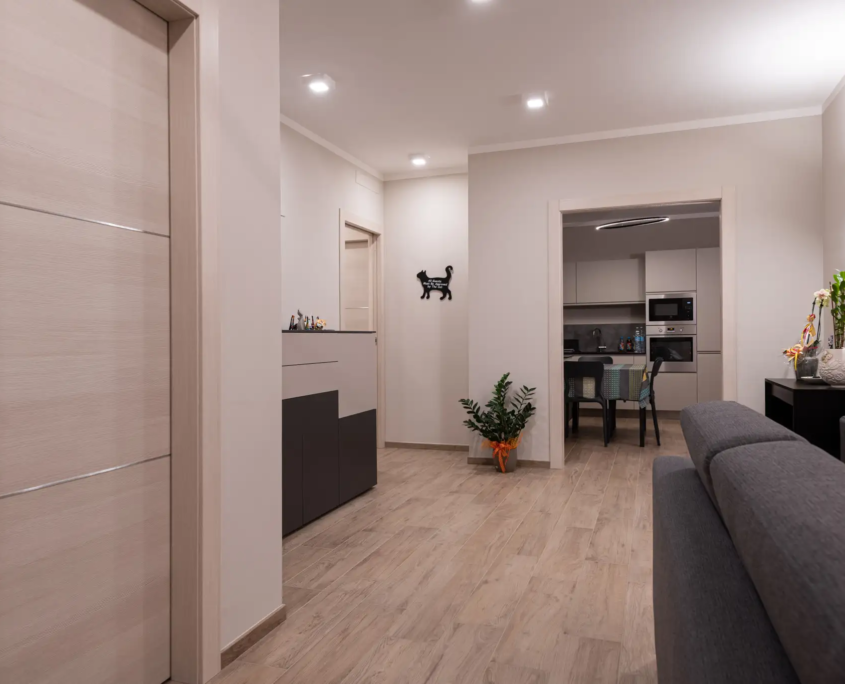 interno abitazione con open space tra soggiorno e cucina in stile moderno